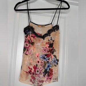 Sis Sis Women’s Floral sheer strappy cami top with lace trim, Sz Small